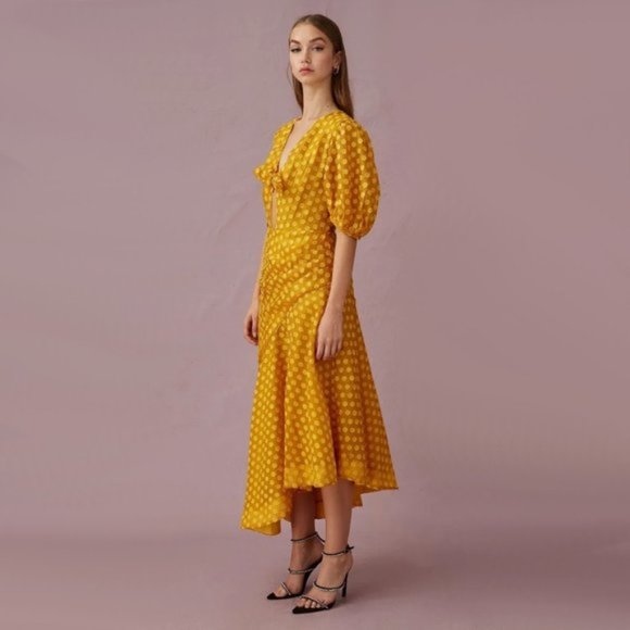 NWOT Keepsake mustard dot print ruched midi dress - Picture 3 of 7